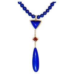 Lapis Lazuli with Citrine in Yellow Gold Drop Necklace with Poetry by A. Leyser