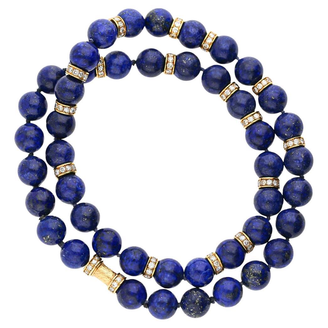Collar de Cuentas de Oro Amarillo de 18 K Lapislázuli con Separadores de Rondelle de Diamantes en venta