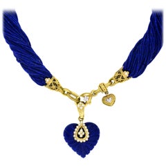 Lapis Lazuli Yellow Gold and Diamond Heart Pendant Beads Necklace Stambolian