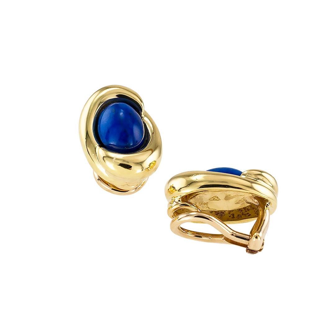 Modern Lapis Lazuli Yellow Gold Clip On Small Button Earrings