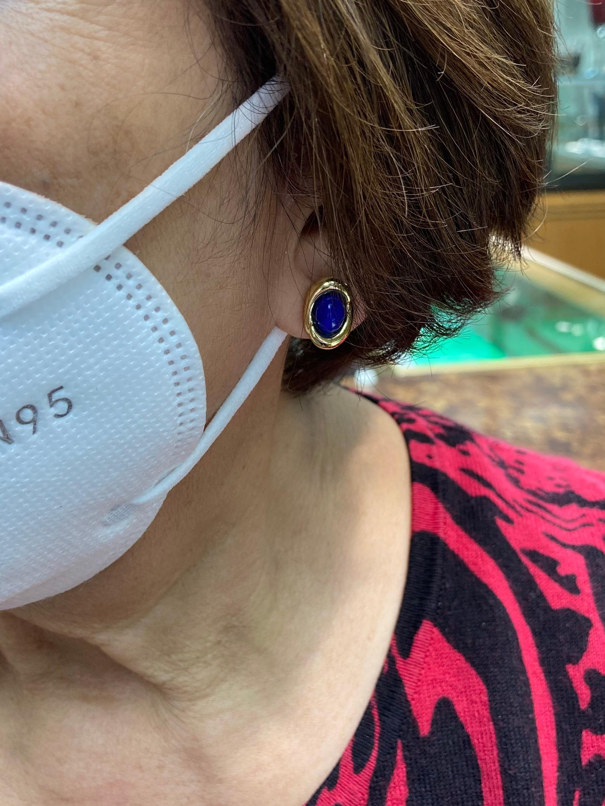 Women's Lapis Lazuli Yellow Gold Clip On Small Button Earrings