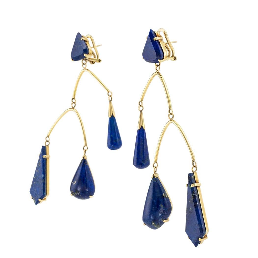 Lapis lazuli and vintage yellow gold dangling earrings circa 1970. *

ABOUT THIS ITEM:  #E-DJ69G. Scroll down for detailed specifications.  Aren’t these earrings a ton of fun?  We think they are.  Very Large.  Designed as if they were kinetic