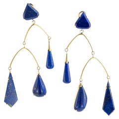 Lapis Lazuli Yellow Gold Dangling Vintage Earrings