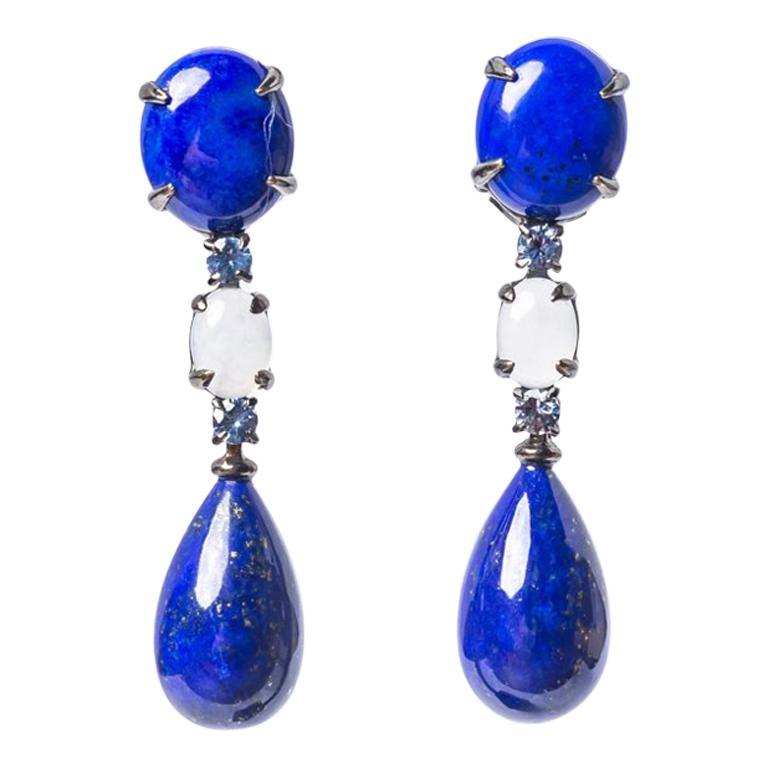 Boucles d'oreilles dormeuses Lapis Lazuli Tanzanite Calcédoine et Or noir 18 carats 