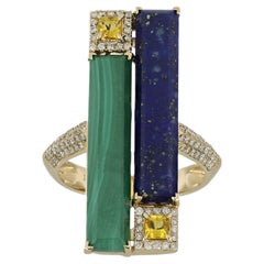 Bague en or jaune 14 carats, lapis-lazuli, malachite, saphir jaune et diamants