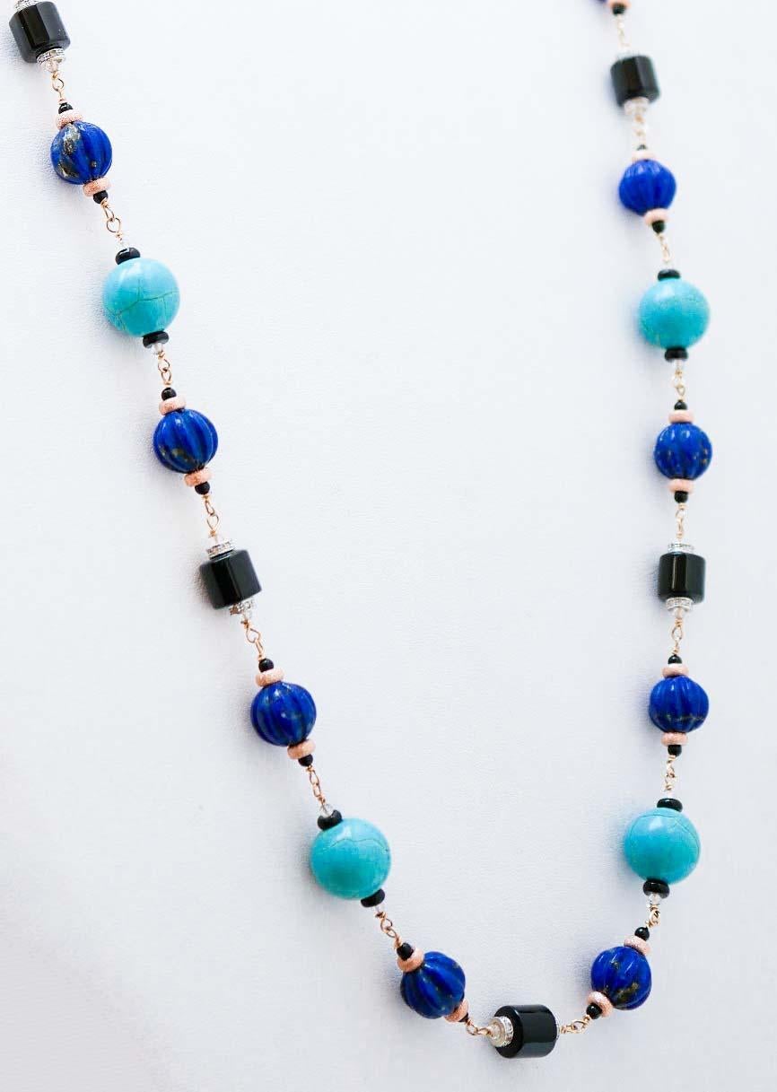 Rétro Lapis, magnésite, onyx, diamants, cristal de roche, collier en or rose et en argent. en vente