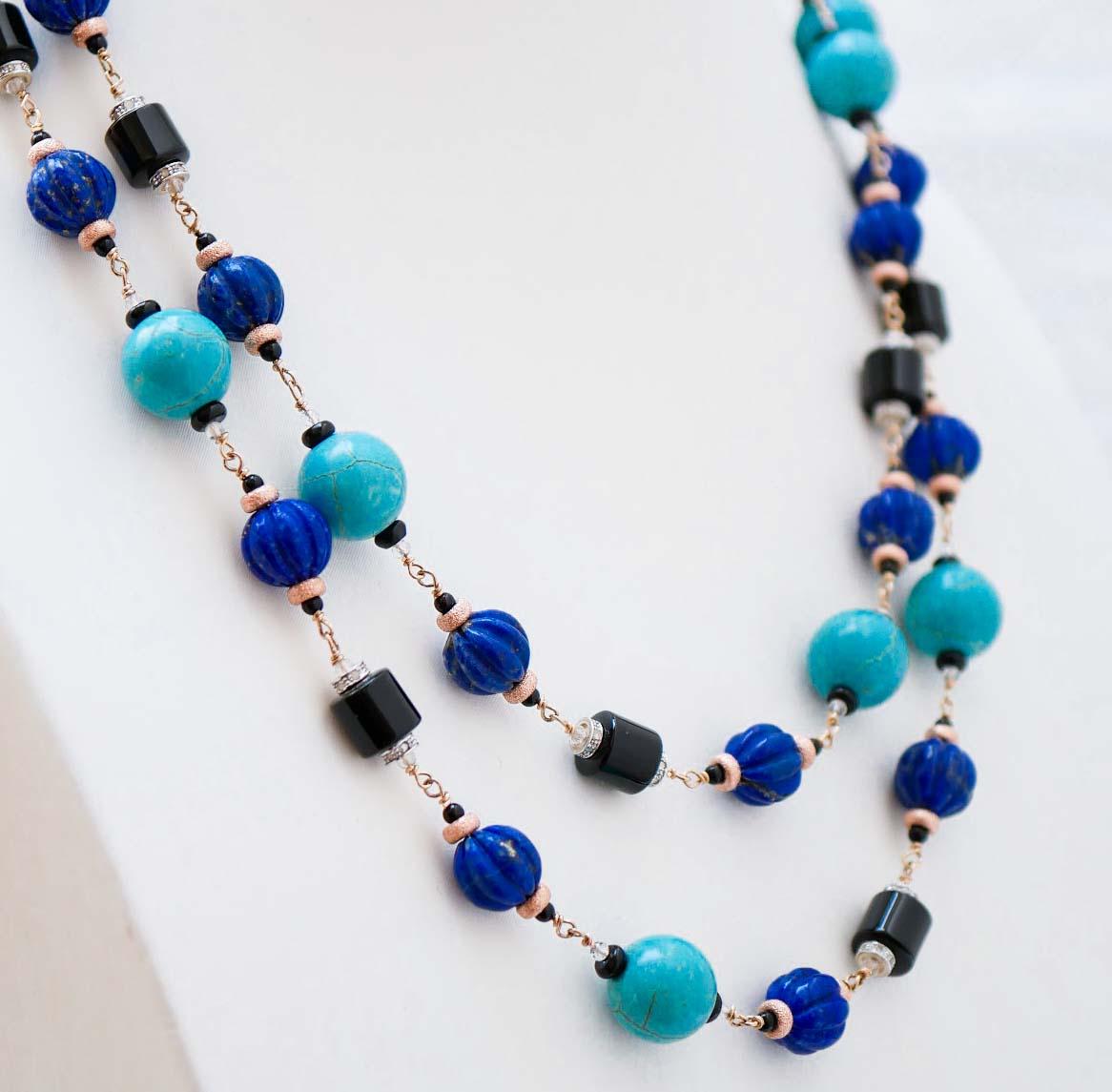 Lapis, magnésite, onyx, diamants, cristal de roche, collier en or rose et en argent. Bon état - En vente à Marcianise, Marcianise (CE)
