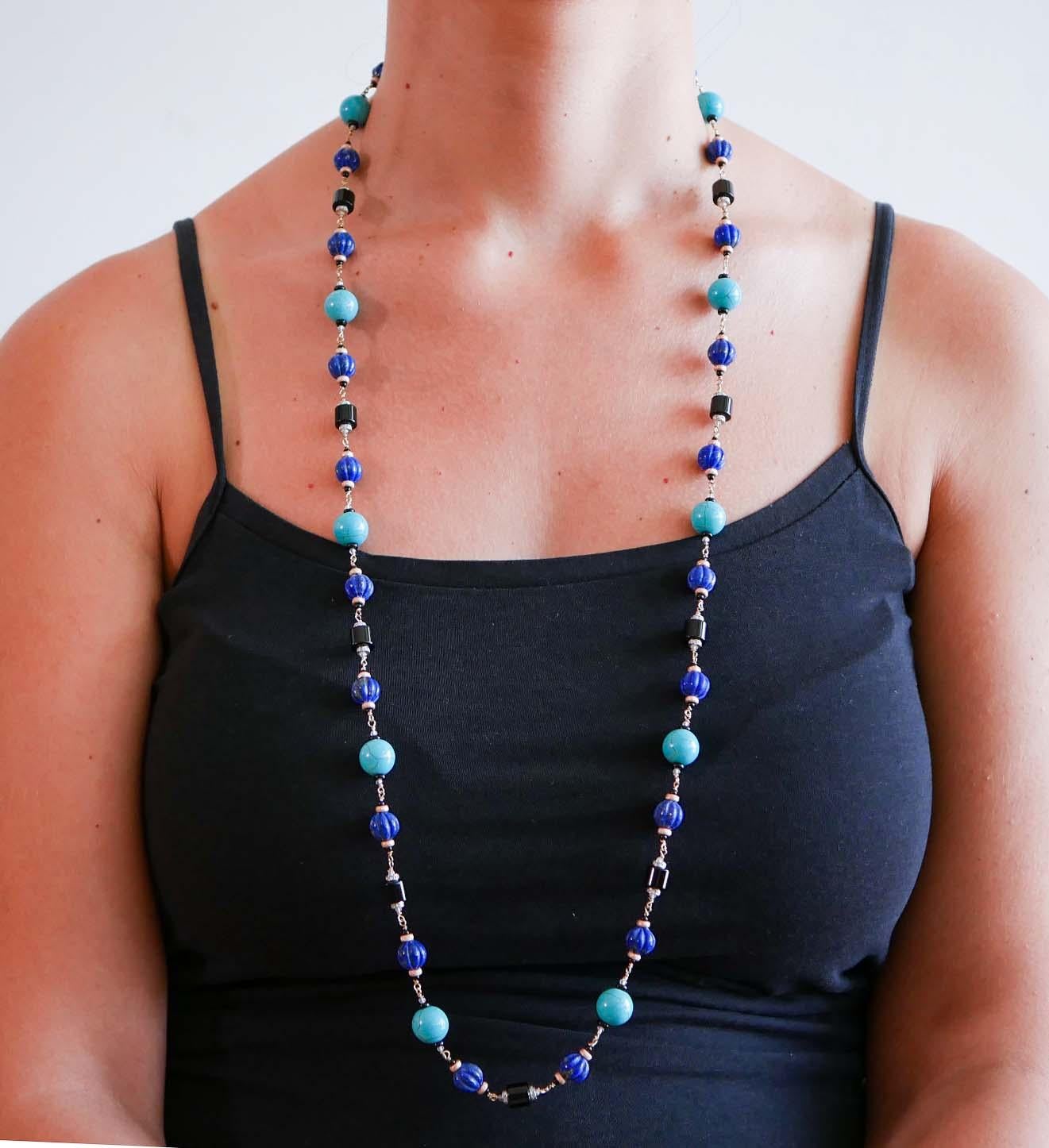 Lapis, magnésite, onyx, diamants, cristal de roche, collier en or rose et en argent. Unisexe en vente