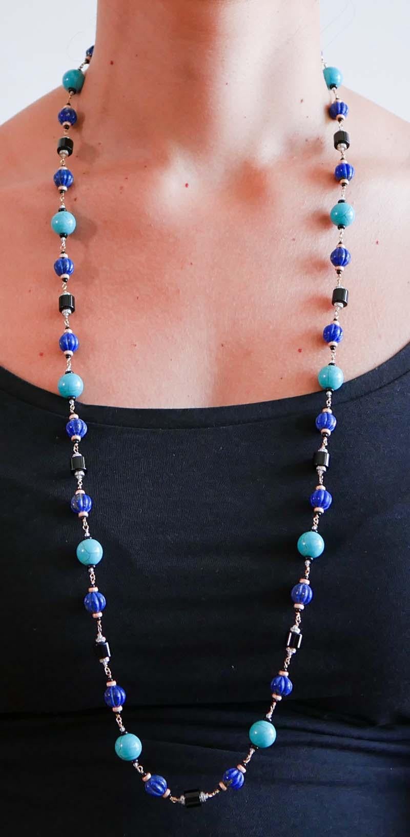 Lapis, magnésite, onyx, diamants, cristal de roche, collier en or rose et en argent. en vente 1