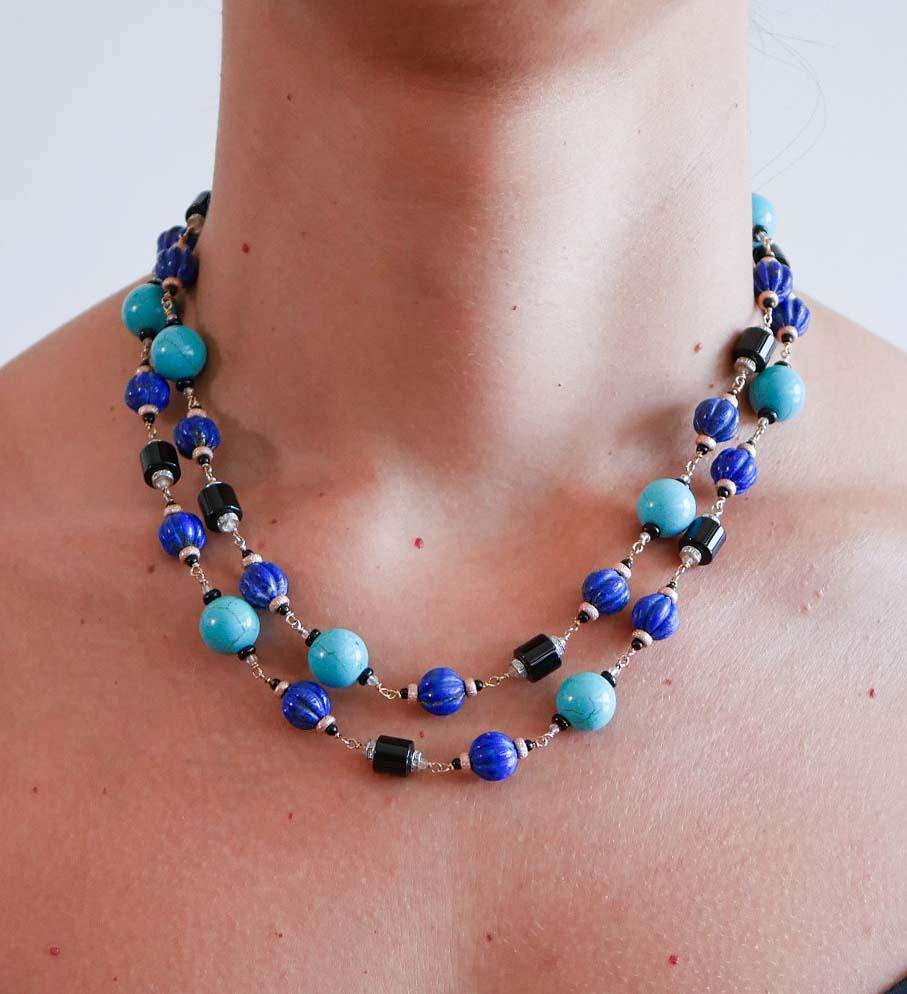 Lapis, magnésite, onyx, diamants, cristal de roche, collier en or rose et en argent. en vente 3
