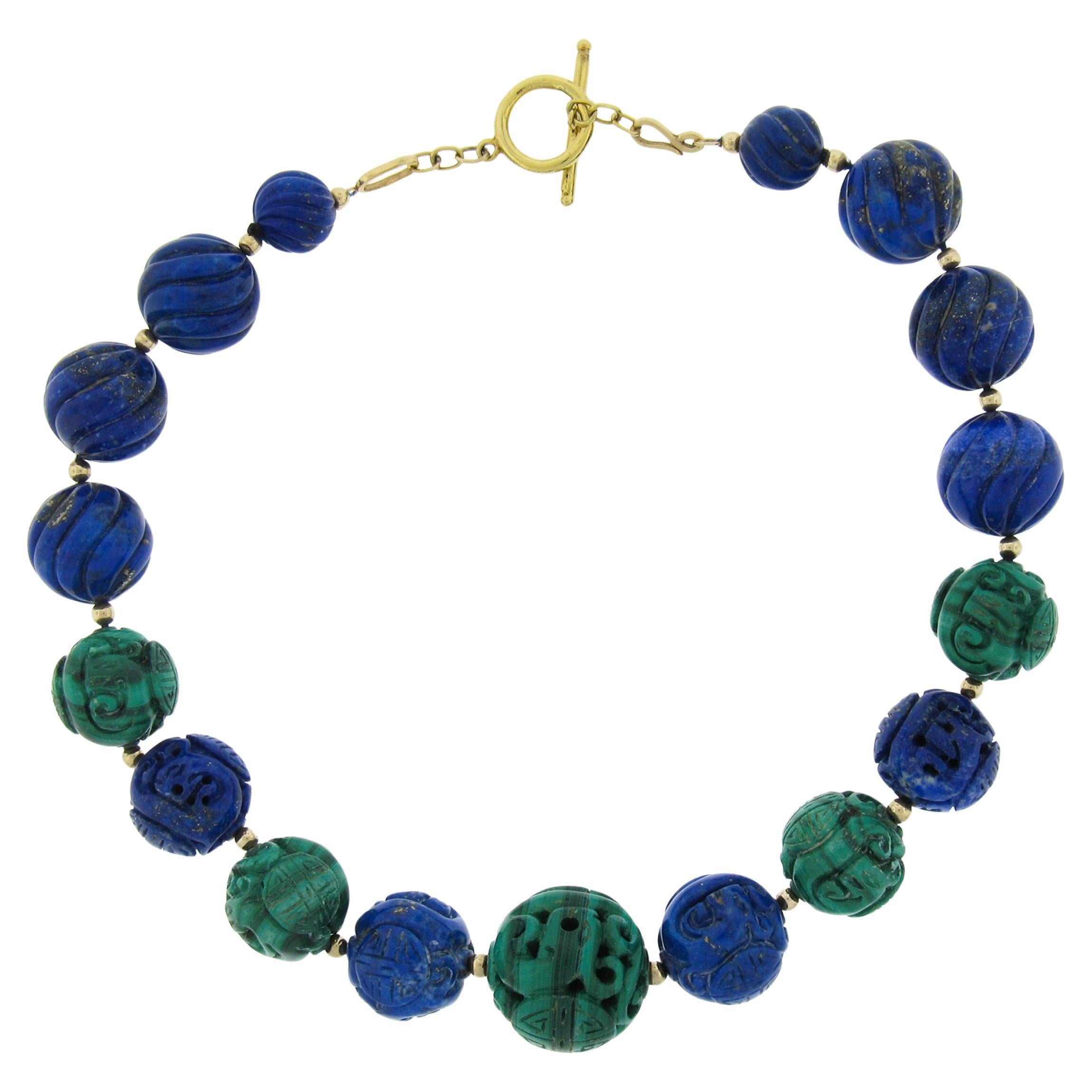 Lapis & Malachite Carved Bead Strand 18.5" GIA Necklace & 14K Gold Toggle Clasp For Sale