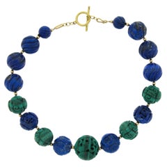 Lapis & Malachite Carved Bead Strand 18.5" GIA Necklace & 14K Gold Toggle Clasp