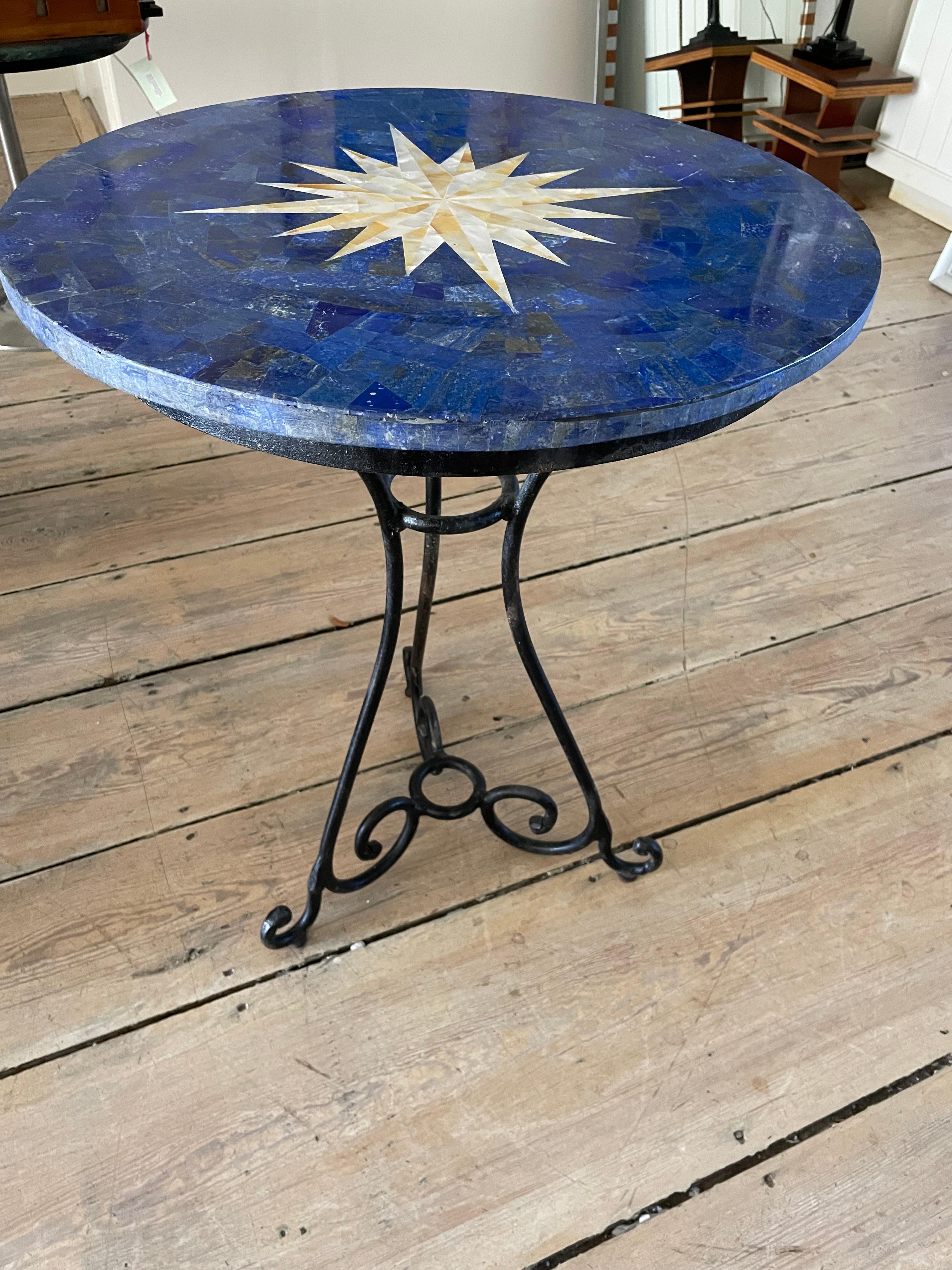 Lapis, Mother of Pearl and Mable Pietra Dura Patio or Cafe Table with Two Chairs In Excellent Condition In Nantucket, MA
