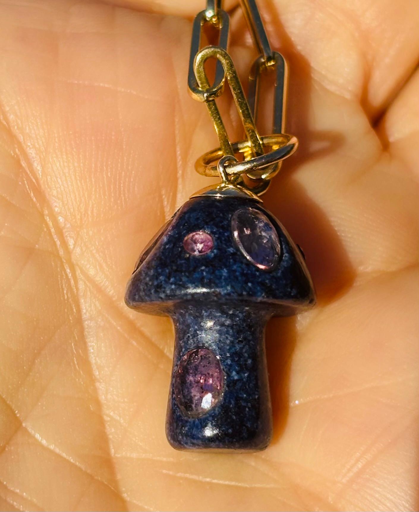 Lapis Mushroom Pendant with Pink Tourmalines and 14k Gold For Sale 5