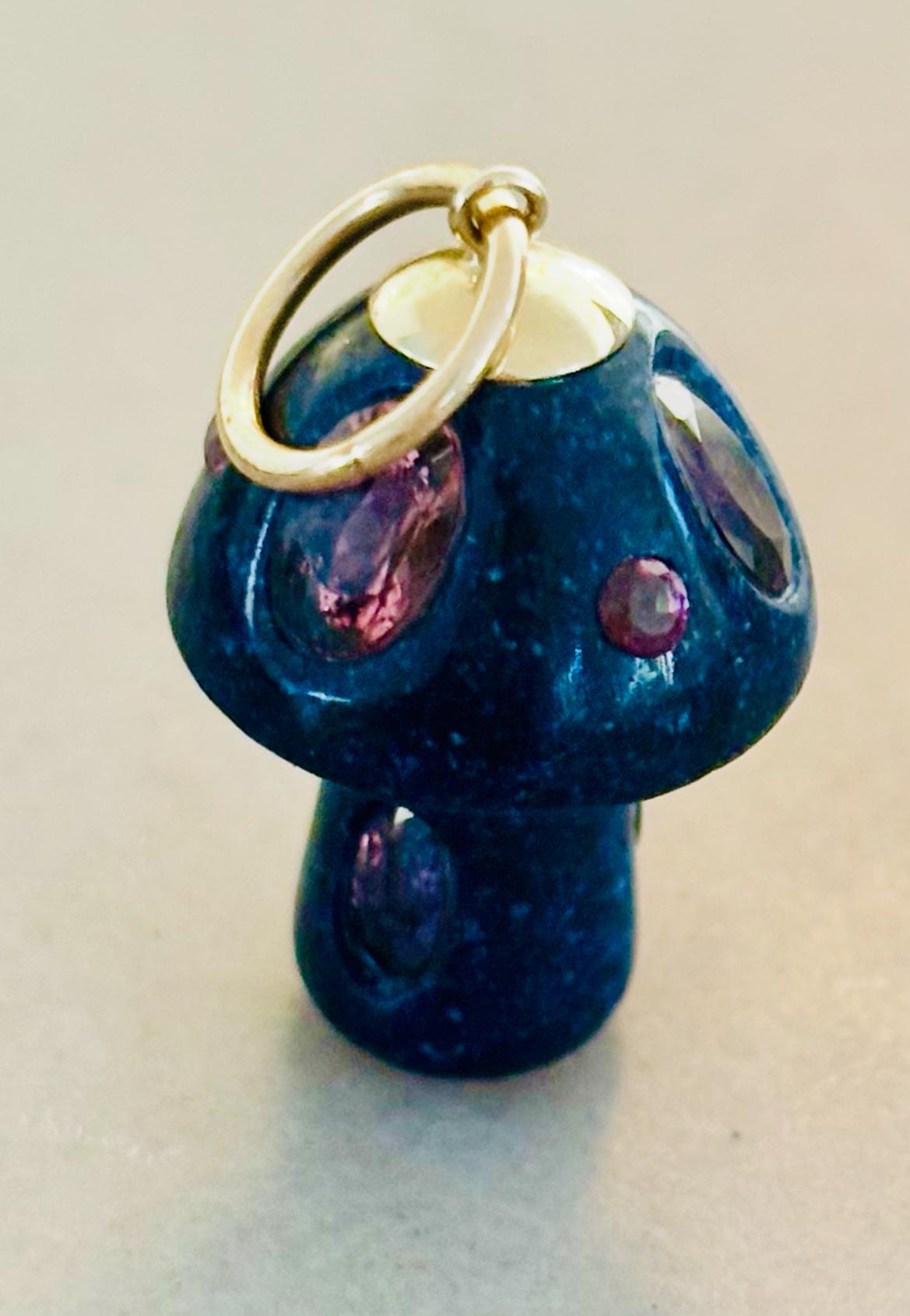 Women's Lapis Mushroom Pendant with Pink Tourmalines and 14k Gold For Sale