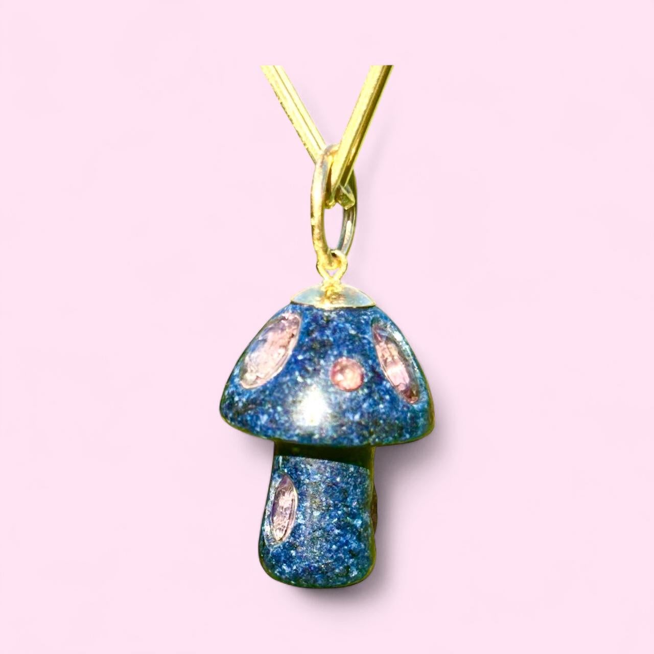 Lapis Mushroom Pendant with Pink Tourmalines and 14k Gold For Sale 1