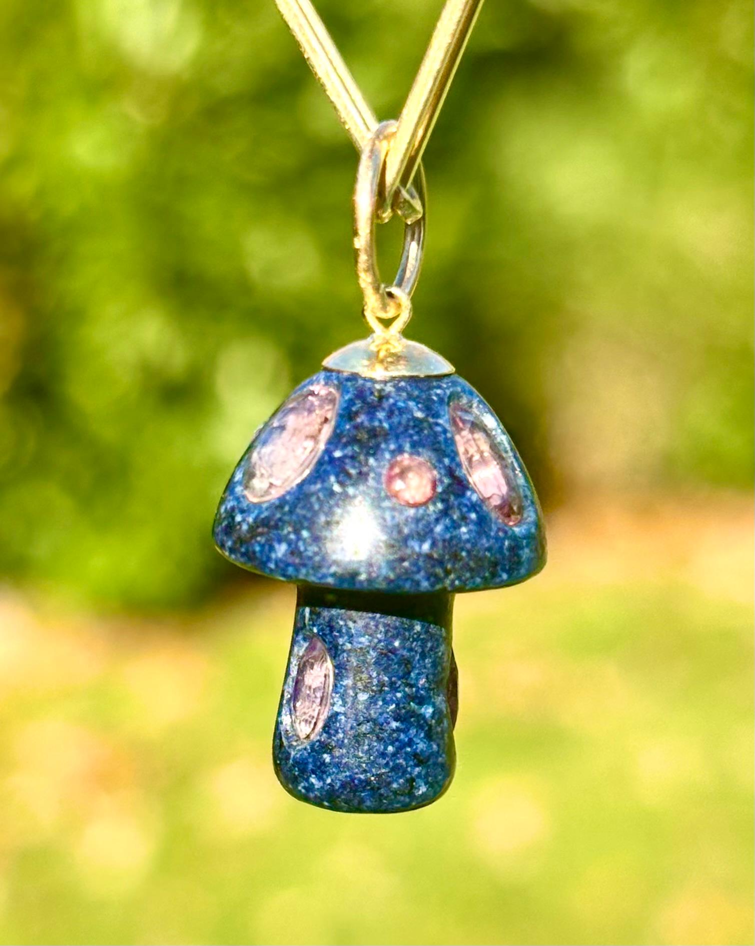 Lapis Mushroom Pendant with Pink Tourmalines and 14k Gold For Sale 2