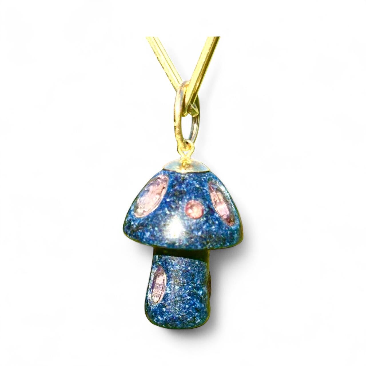Lapis Mushroom Pendant with Pink Tourmalines and 14k Gold For Sale