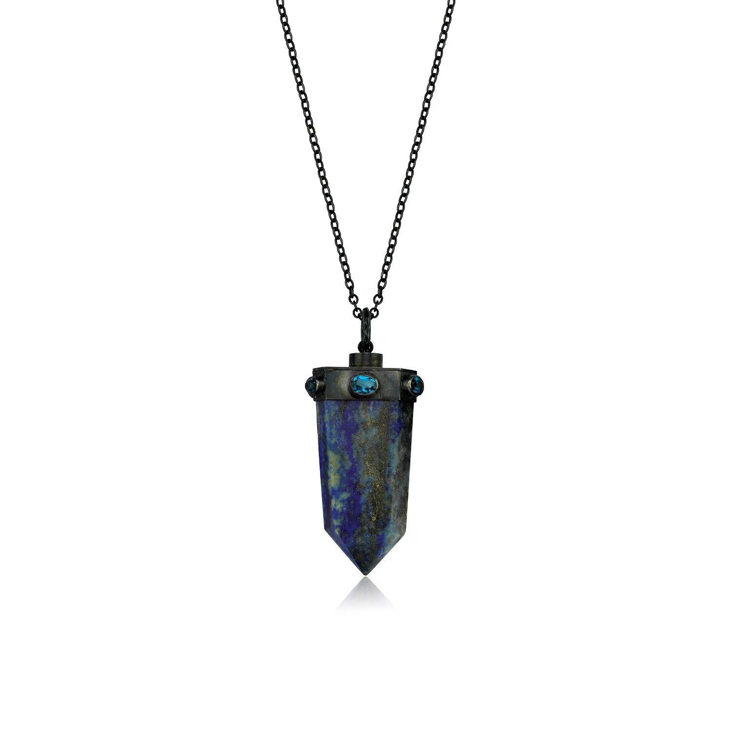 Contemporary Silver Lapis Obelisk Necklace with Blue Topaz For Sale