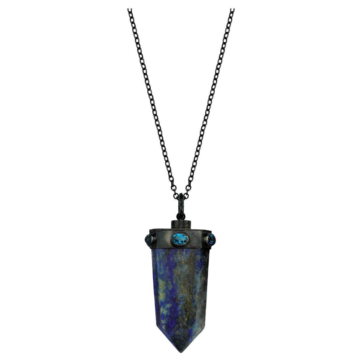 Silver Lapis Obelisk Necklace with Blue Topaz For Sale