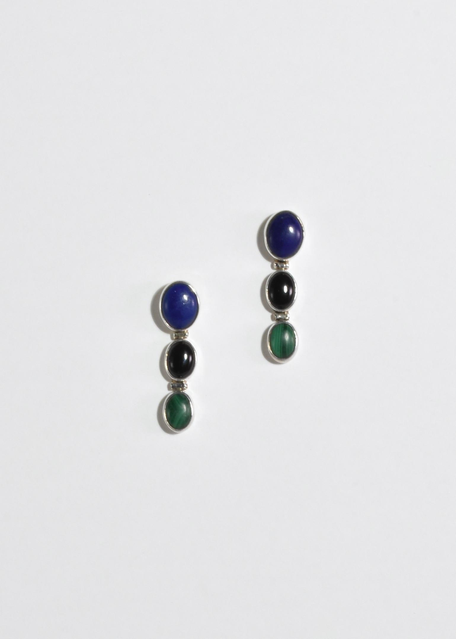 Modernist Lapis Onyx Malachite Earrings For Sale