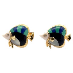 Lapis Onyx MOP Malachite Inlay Diamond 14 Karat Yellow Gold Fish Cufflinks
