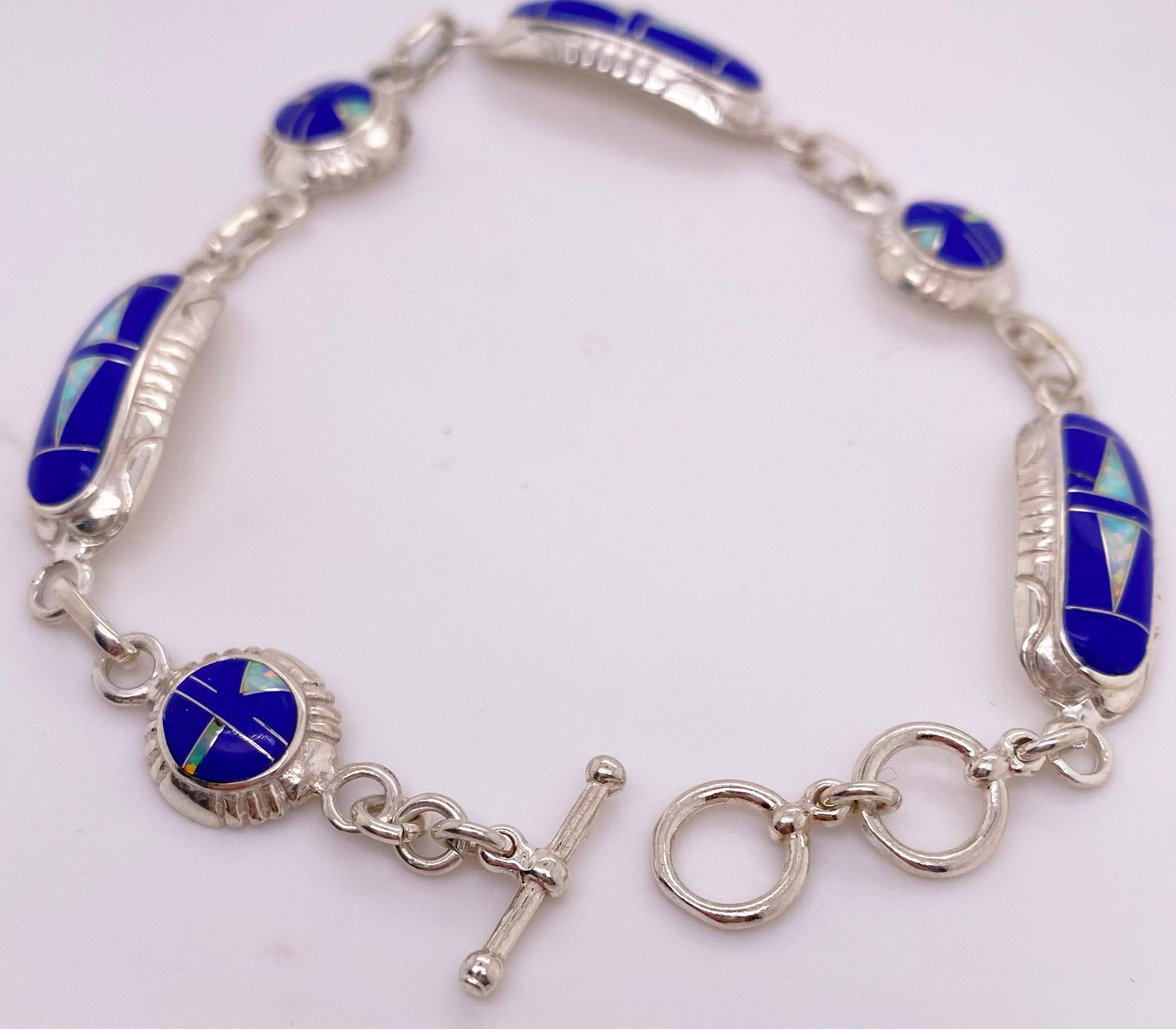 Artisan Lapis Opal Bracelet in Sterling, Genuine Indian Blue Lapis and Opal Bracelet
