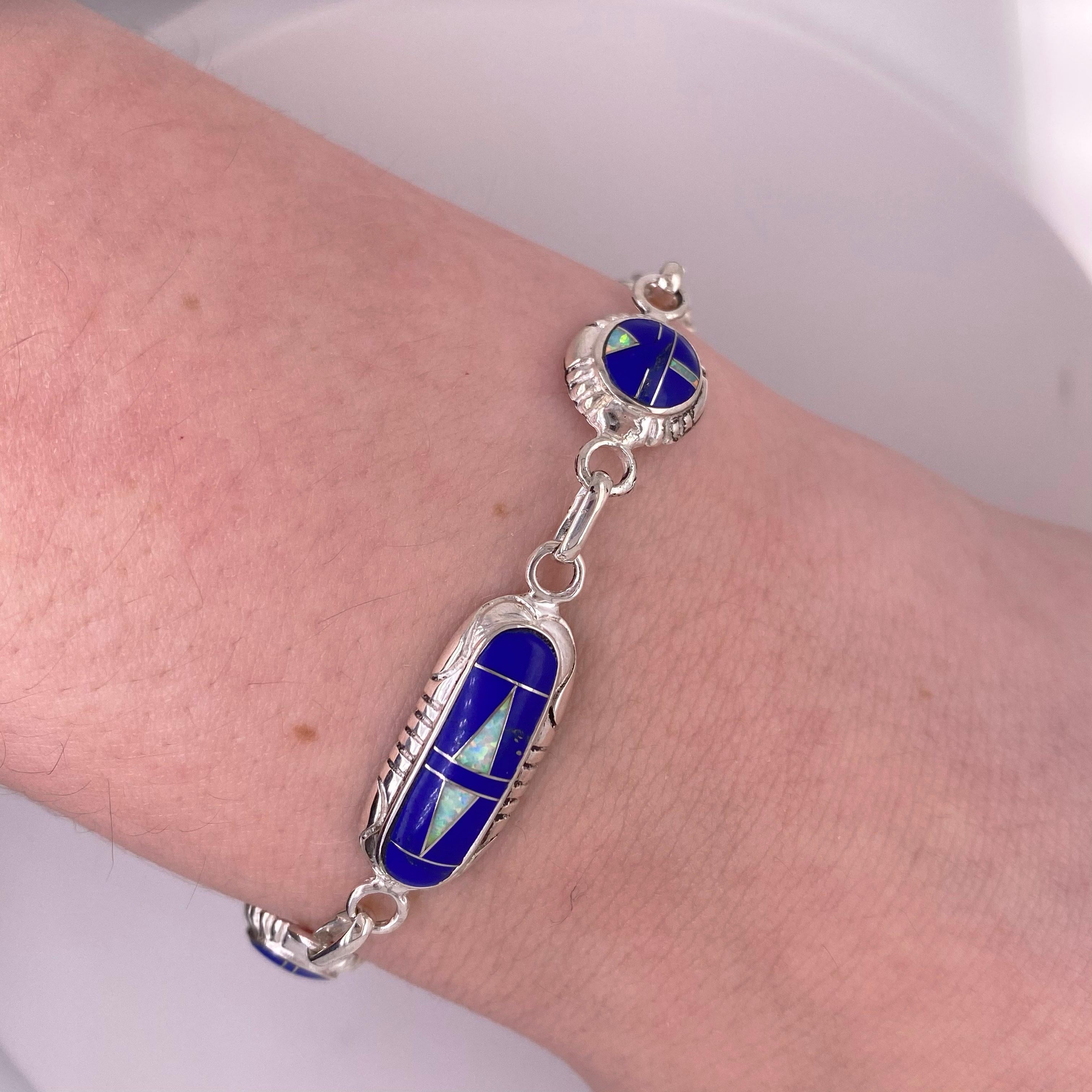 Cabochon Lapis Opal Bracelet in Sterling, Genuine Indian Blue Lapis and Opal Bracelet