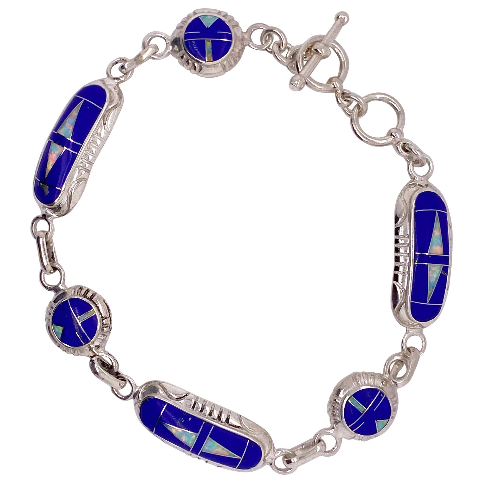 Lapis Opal Bracelet in Sterling, Genuine Indian Blue Lapis and Opal Bracelet