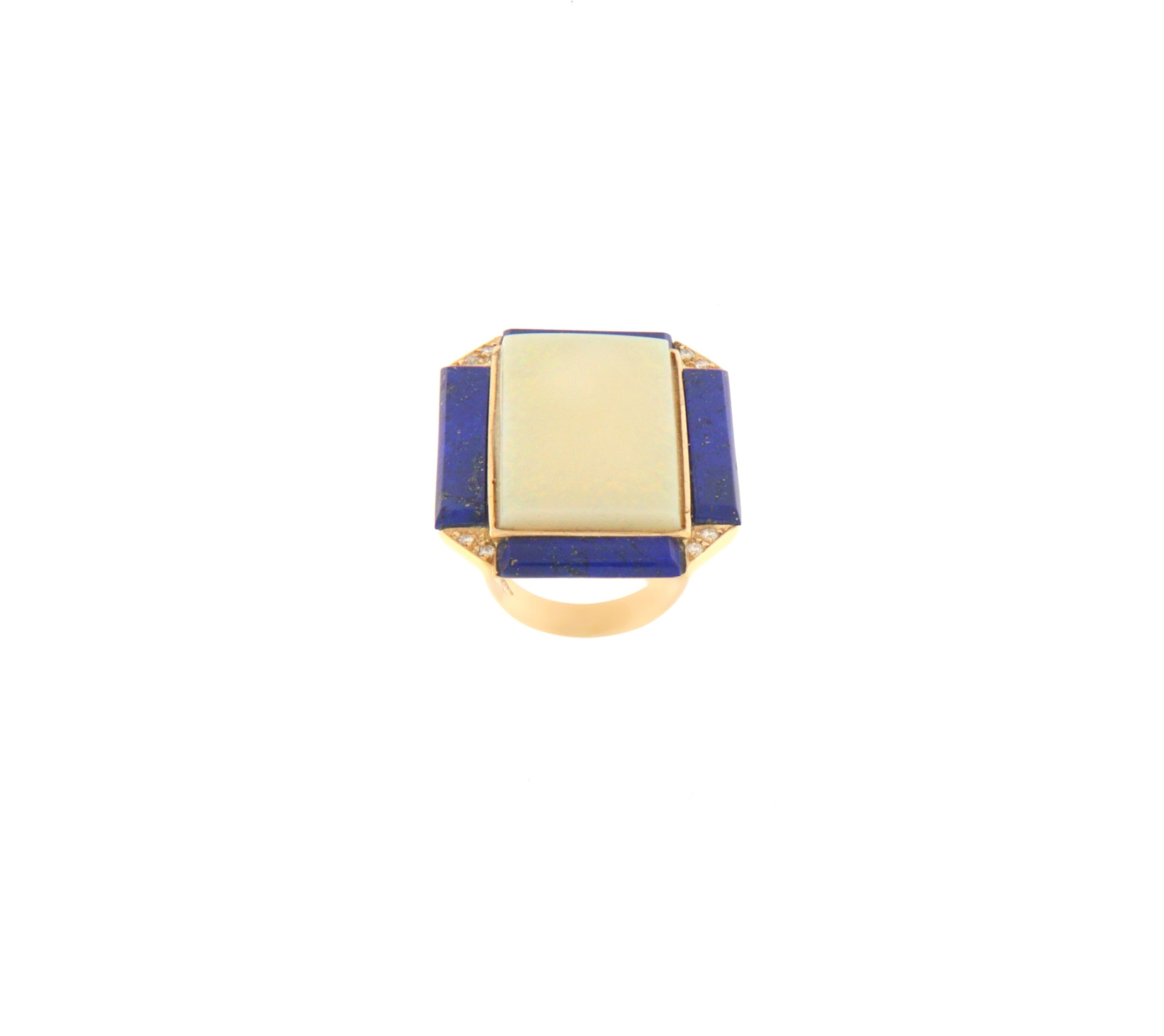 Artisan Lapis Opal Diamonds 14 Karat Yellow Gold Cocktail Ring For Sale