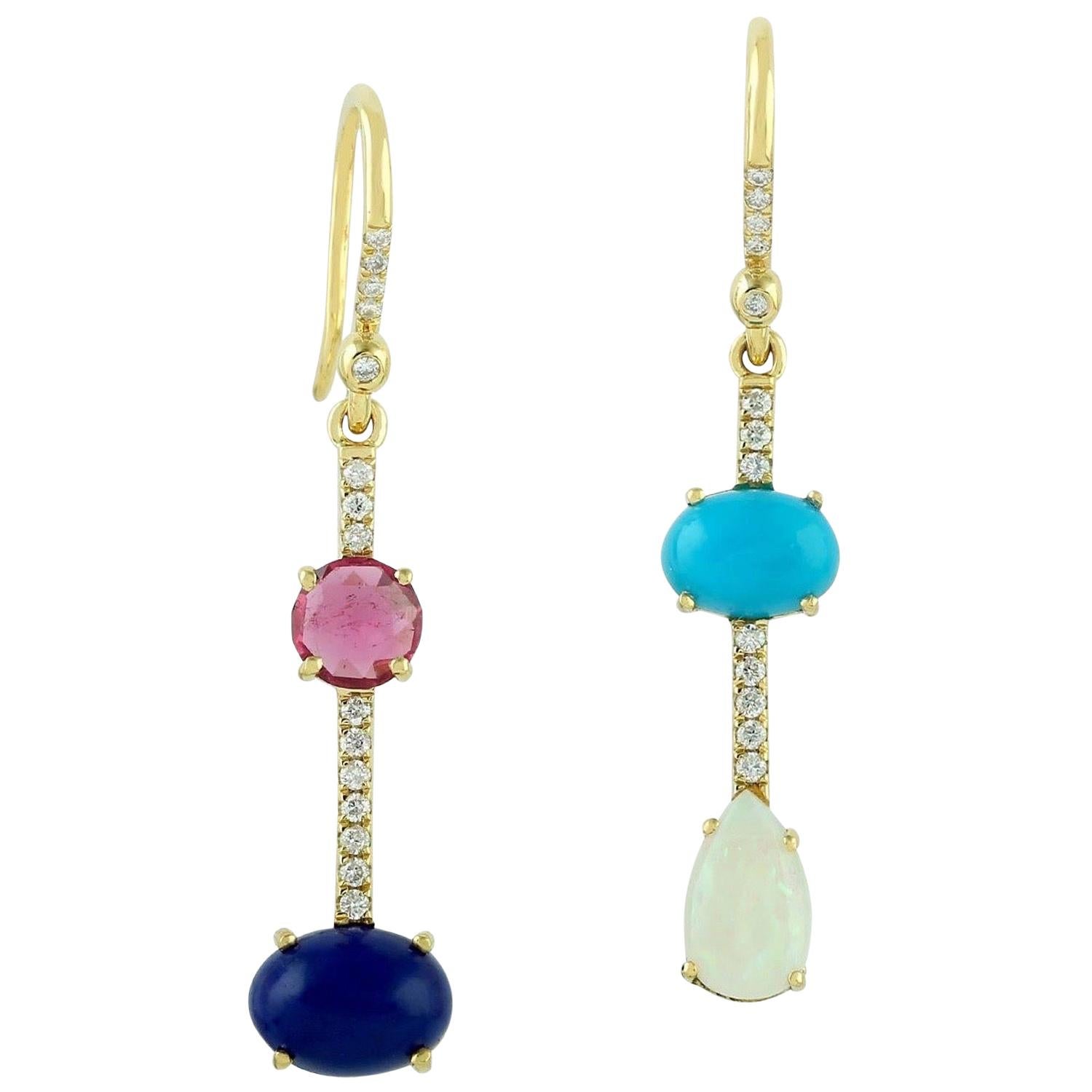 Pendientes Lineales Lapislázuli Ópalo Turmalina Diamante Oro 14 Kilates en venta