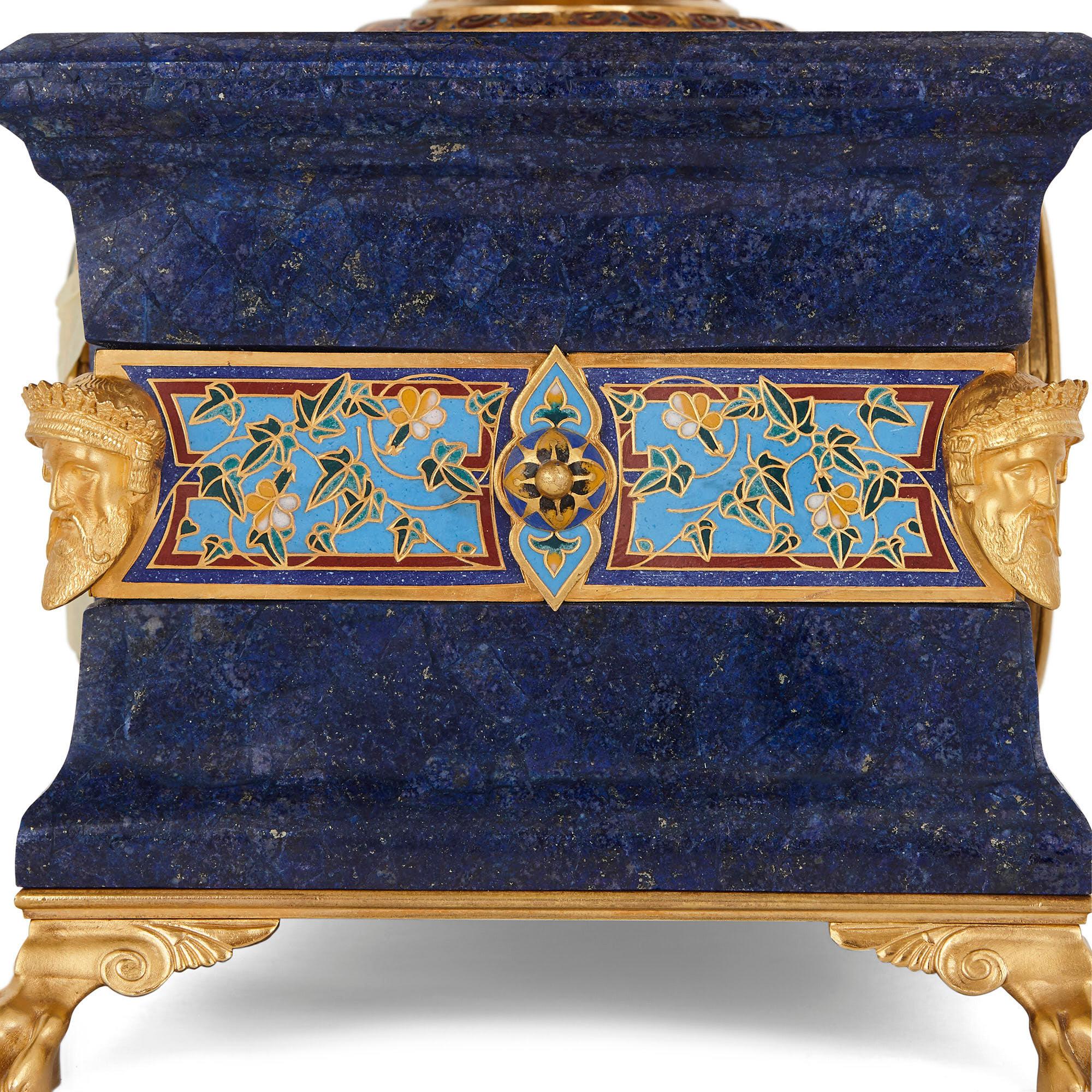Lapis, enamel, and gilt bronze clock garniture In Good Condition For Sale In London, GB