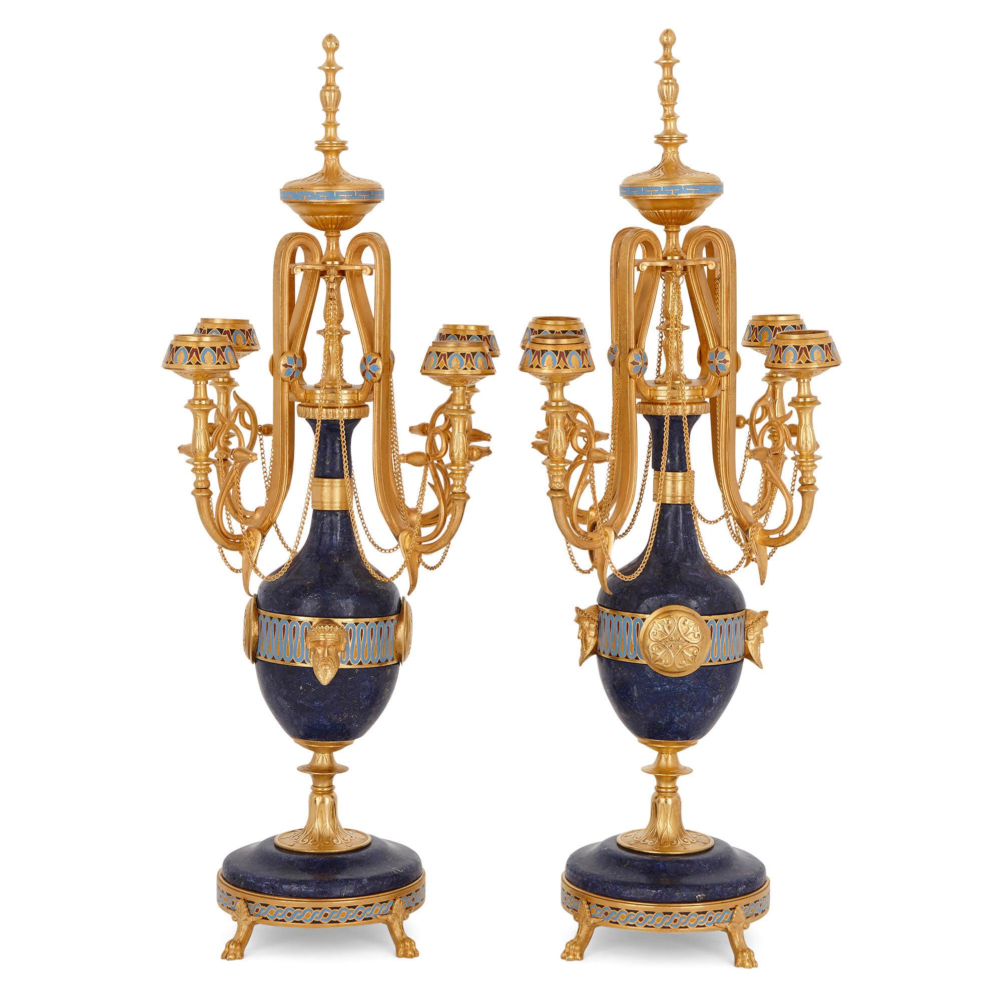 19th Century Lapis, enamel, and gilt bronze clock garniture For Sale