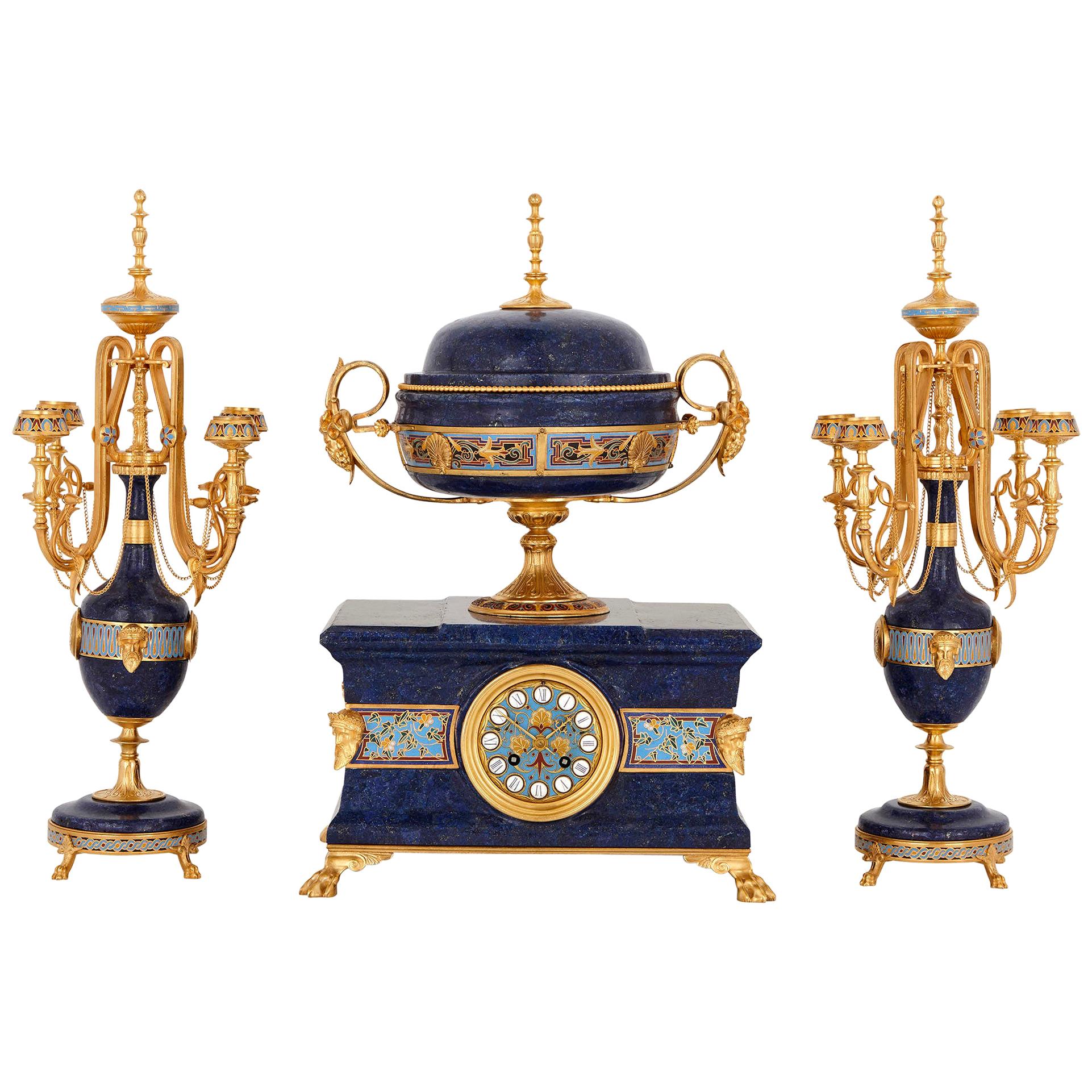 Guarnición de reloj de lapislázuli, esmalte y bronce dorado