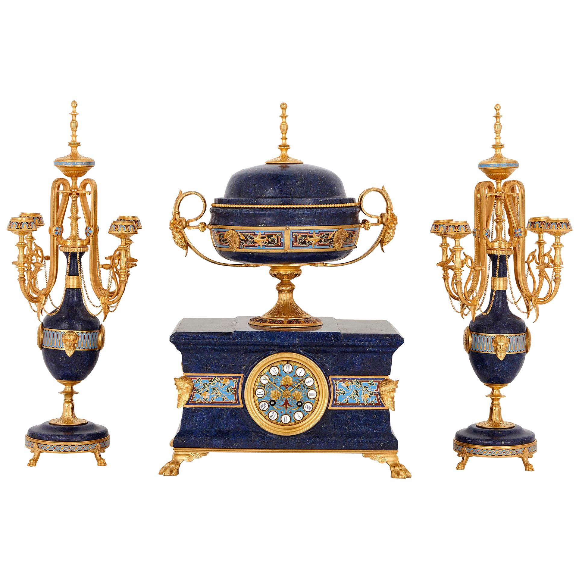 Lapis, enamel, and gilt bronze clock garniture