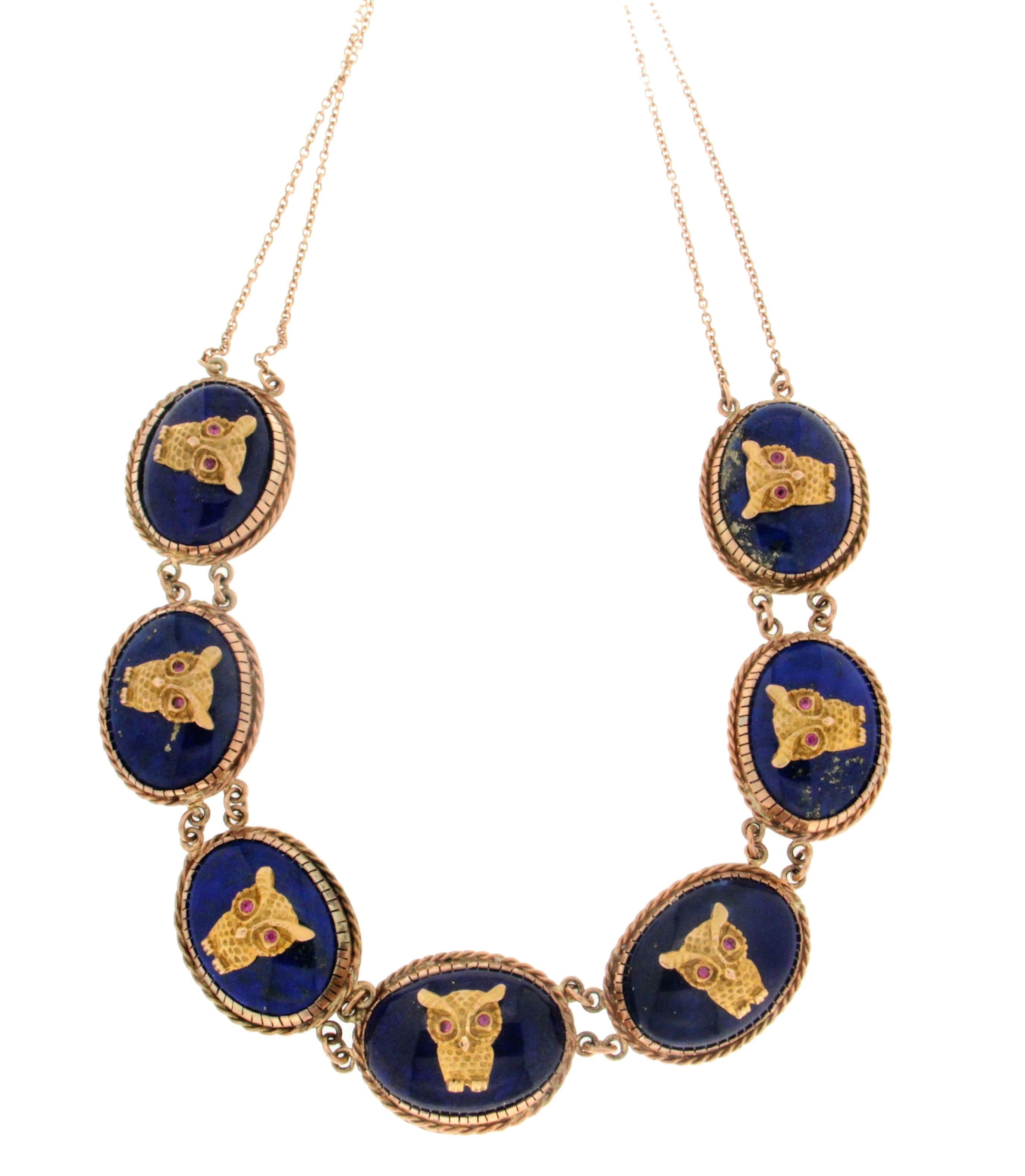 Lapis owls 9 karat yellow gold,rubies in the eyes,choker necklace

Necklace total weight 64.80 grams 
Necklace length 43 cm