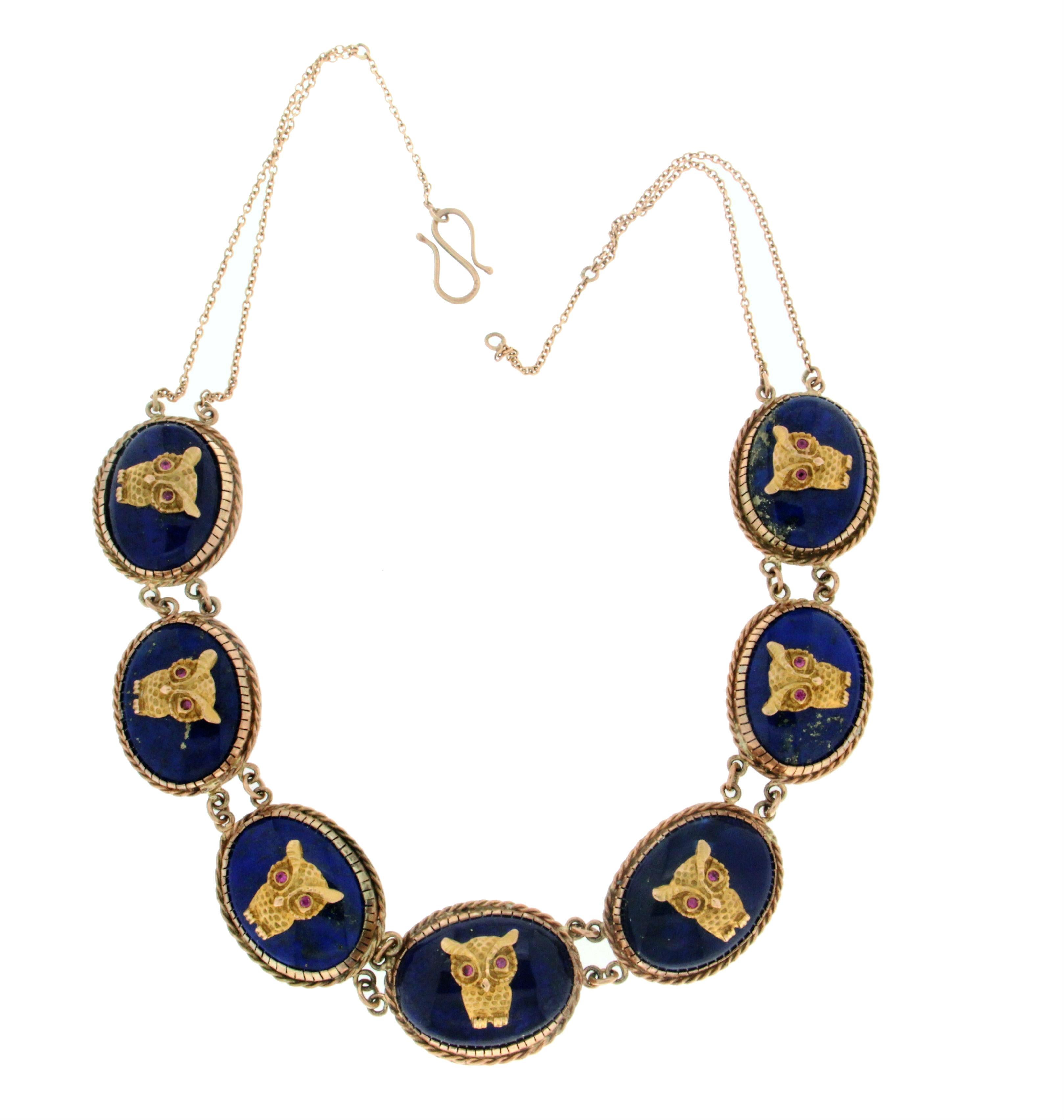 Lapis Owls 9 Karat Yellow Gold, Choker Necklace In New Condition In Marcianise, IT