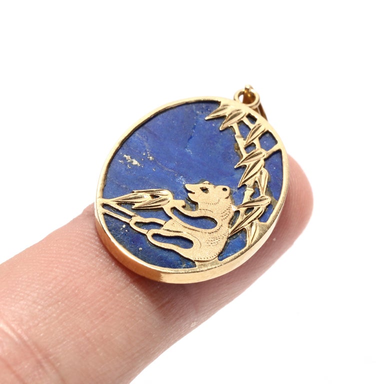 Lapis Panda Pendant, 14K Solid Gold, Gold Panda Charm, Oval Lapis Pendant In Good Condition For Sale In McLeansville, NC