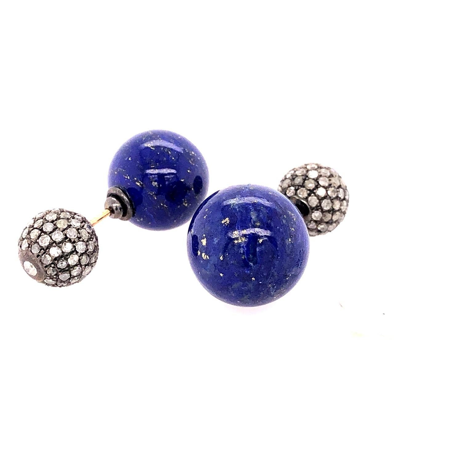 Artisan Lapis & Pave Diamond Ball Tunnel Earrings Made in 14k Gold & Silver For Sale