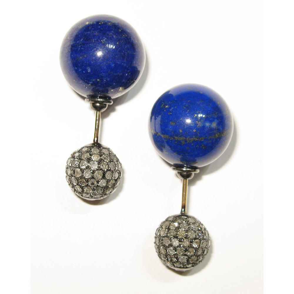Mixed Cut Lapis & Pave Diamond Ball Tunnel Earrings Made in 14k Gold & Silver For Sale
