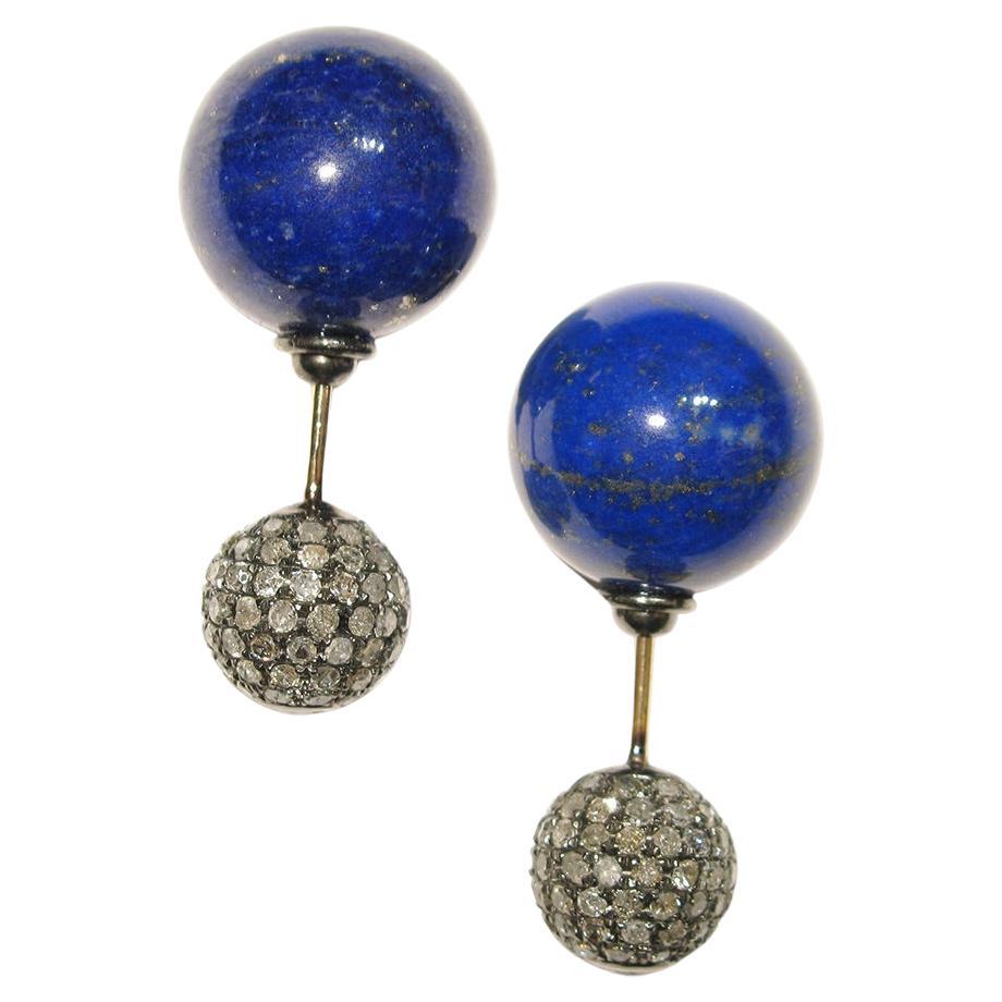 Lapis & Pave Diamond Ball Tunnel Earrings Made in 14k Gold & Silver For Sale