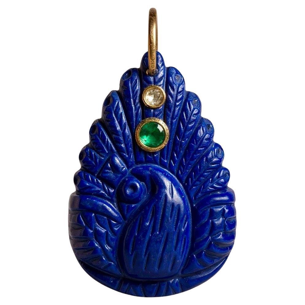 Lapis Peacock Pendant with Emerald, Diamond 
14k Gold en vente