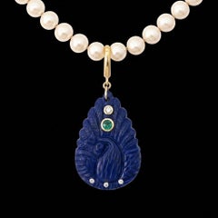 Lapis Peacock Pendant with Emerald, Diamonds & 14k Gold