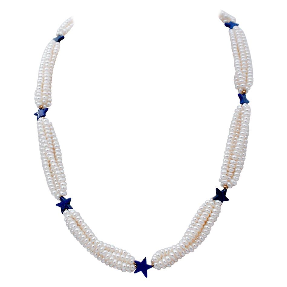 Perlen-Halskette aus 18 Karat Gelbgold mit Lapislazuli
