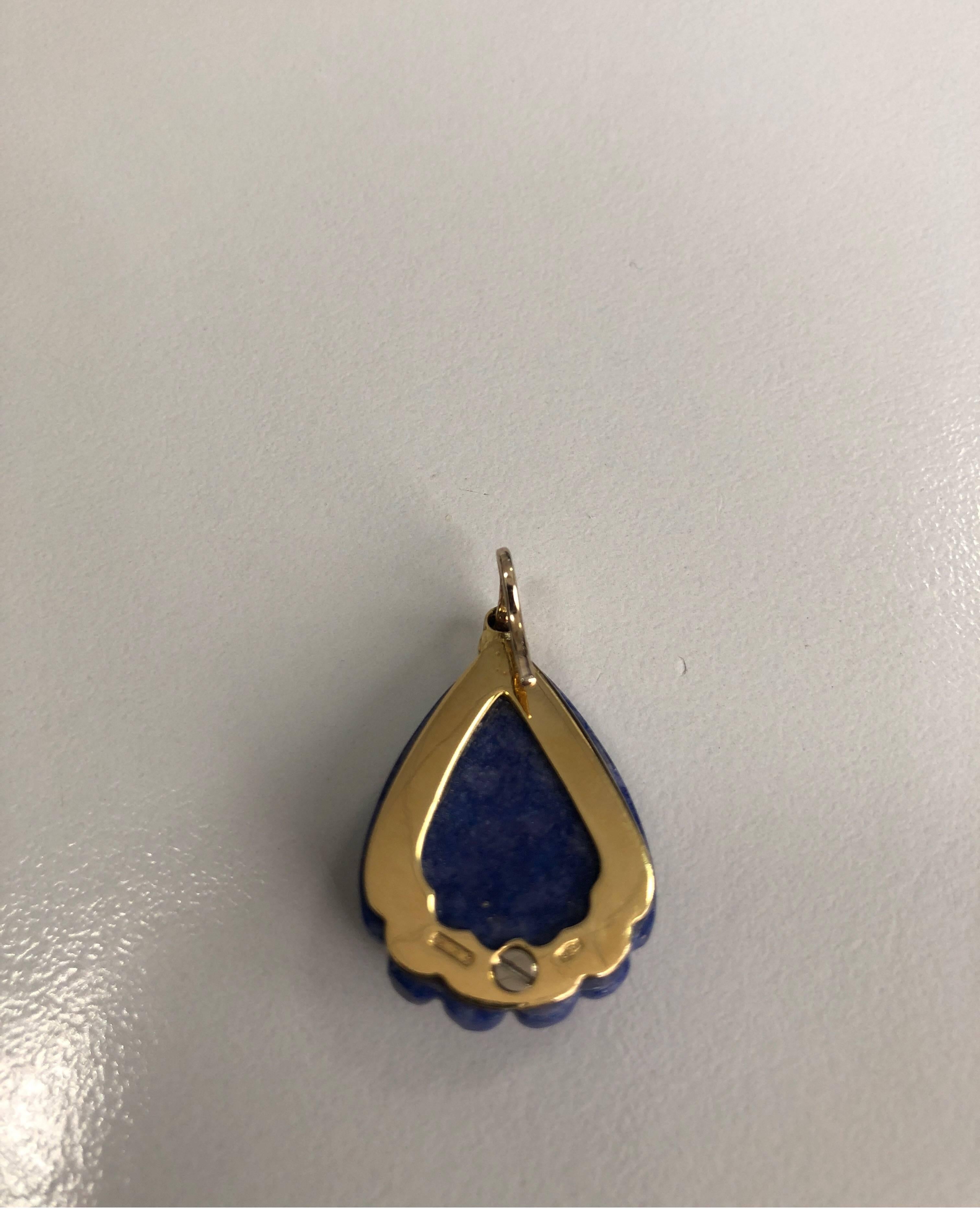 Women's or Men's Lapis Pendant 18 Karat Yellow Gold and White Little Diamond For Sale