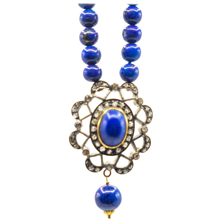Lapis Pendant Necklace with Gold, Sterling Silver and Diamonds For Sale