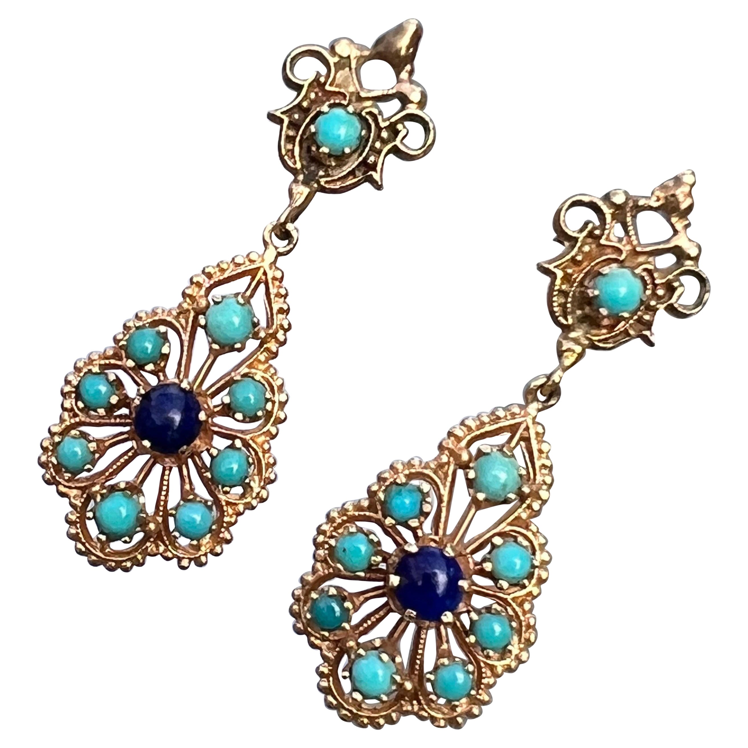 Boucles d'oreilles pendantes en or 14 carats Lapis Turquoise Perse en vente