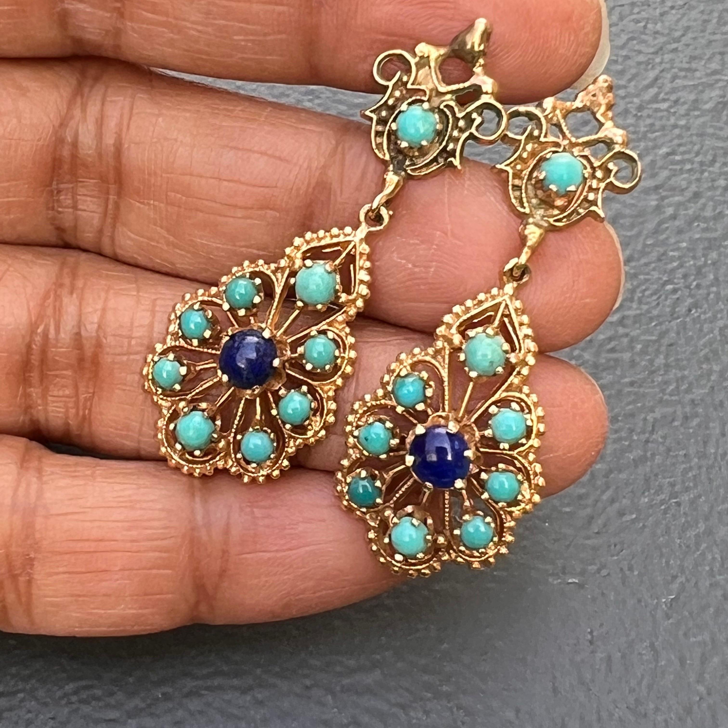 Lapis Persian Turquoise 14 Karat Gold Dangle Drop Earrings For Sale 1