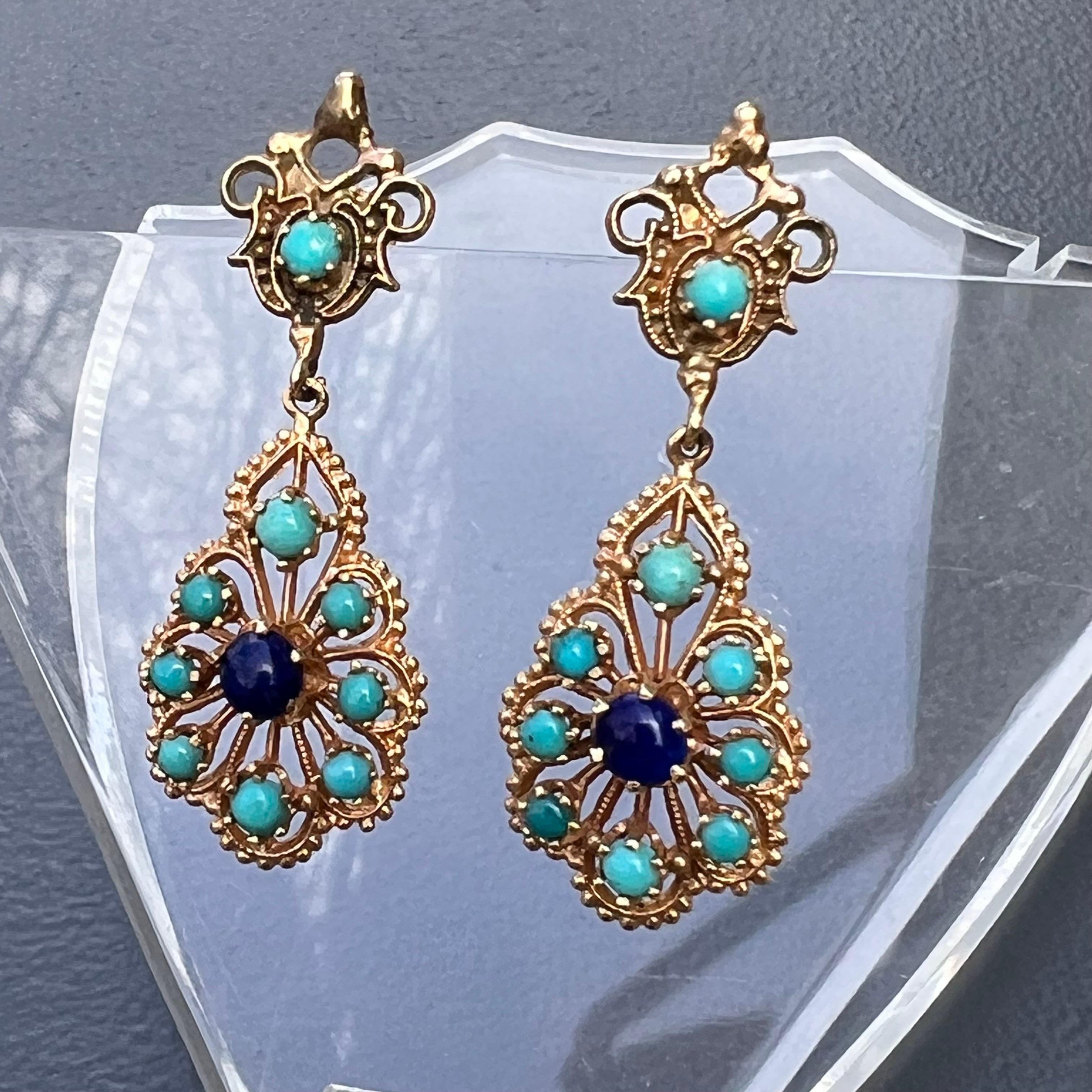 Lapis Persian Turquoise 14 Karat Gold Dangle Drop Earrings For Sale 2