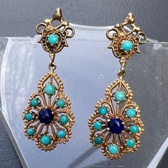 Lapis Persian Turquoise 14 Karat Gold Dangle Drop Earrings